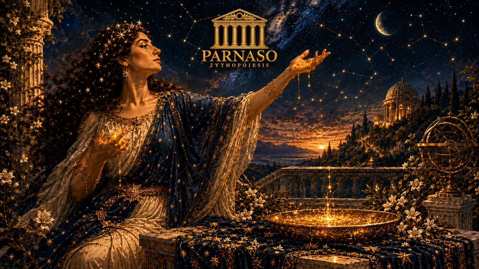 Urania dejando caer miel en un cuenco dorado bajo el cielo estrellado