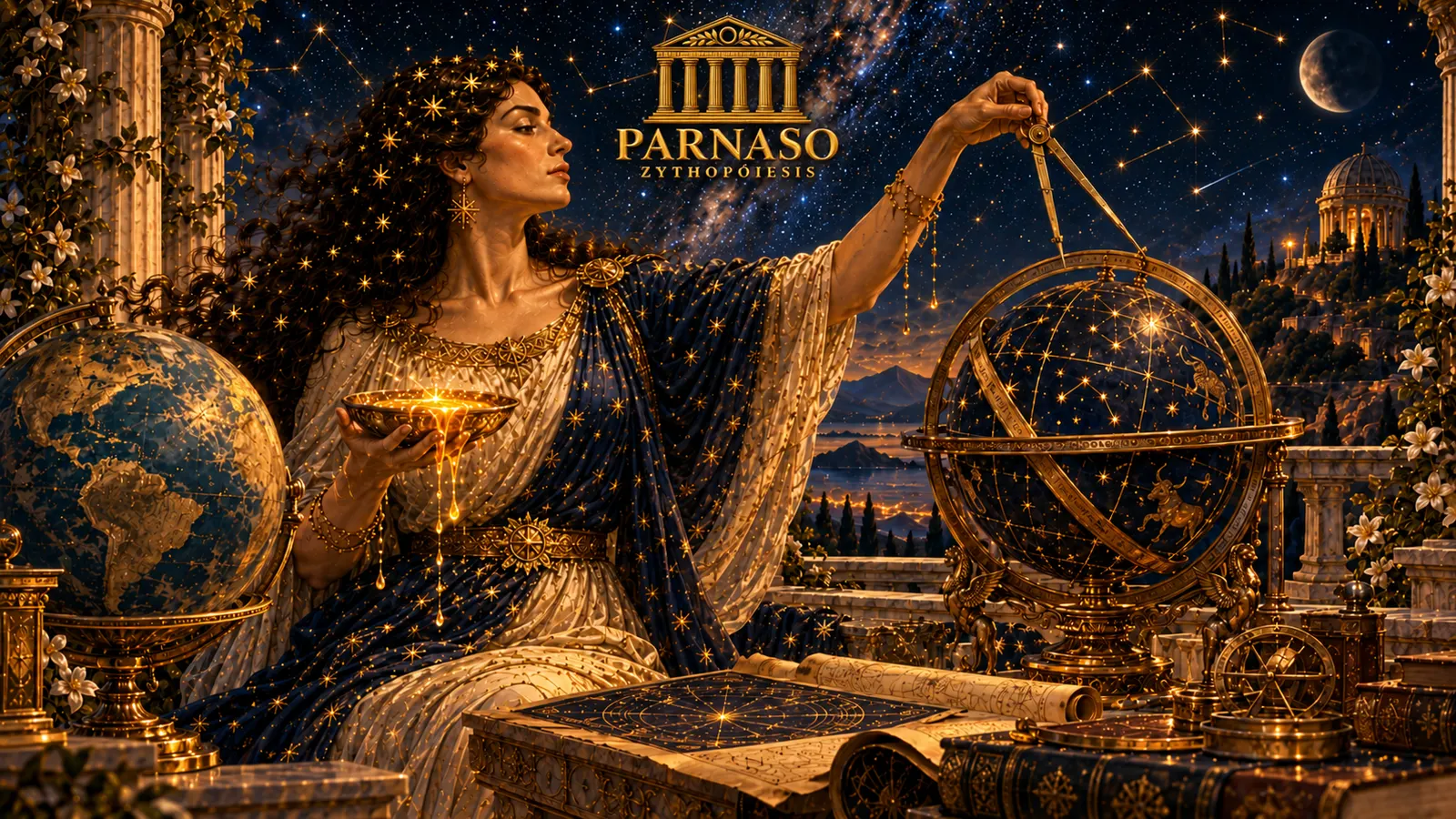 Urania midiendo la esfera celeste con un compás, con un cuenco de miel en la mano